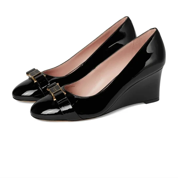Kate Spade Bowdie Black Patent leather Wedges size 9 - Picture 1 of 7